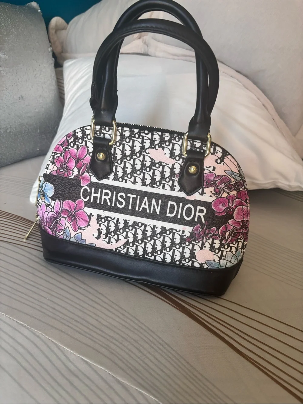 Inspired Dior Black Trim Floral Logo Dome Bag with Pink Accents